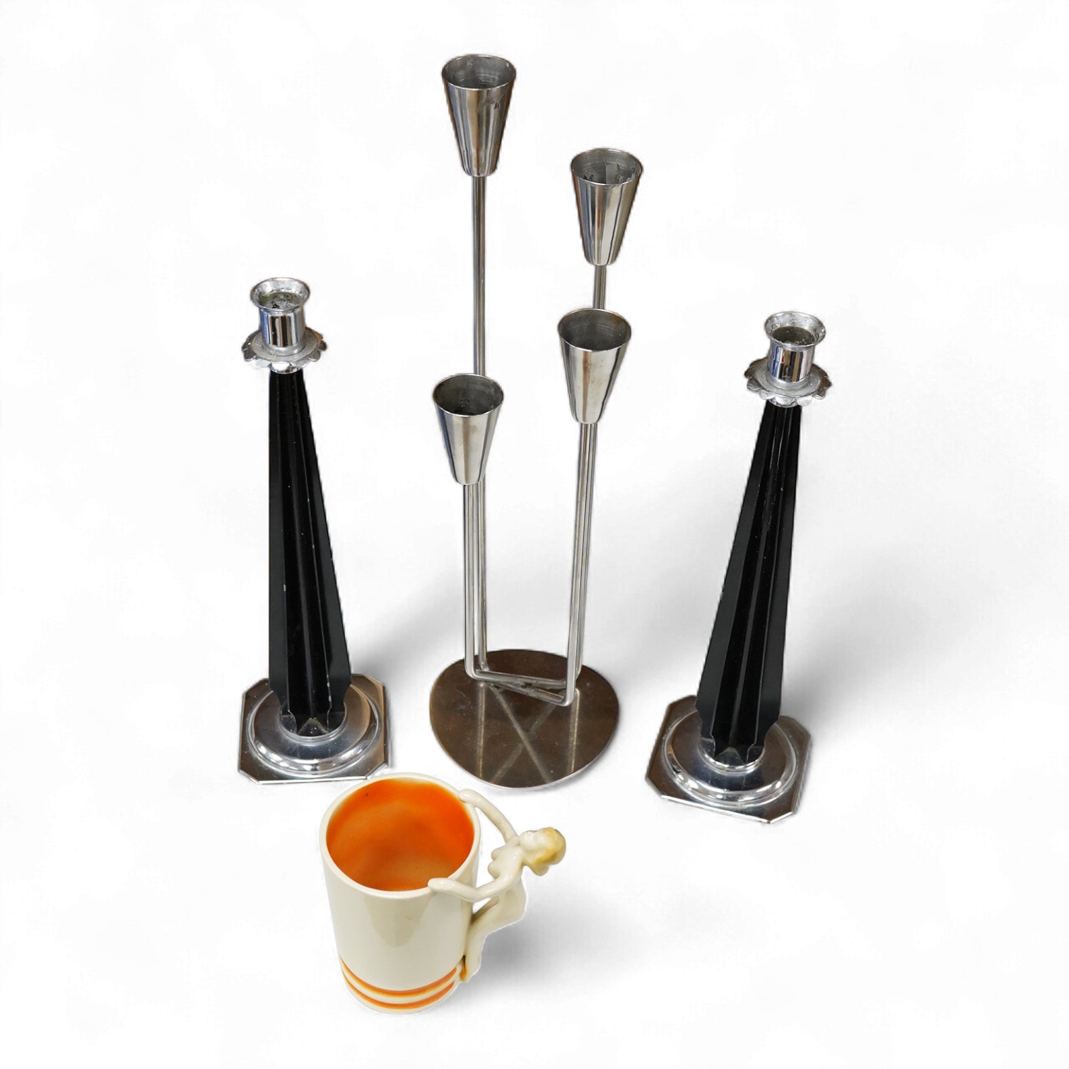 A 1960s Danish Modernist four light candelabrum, a 1940s pair of candlesticks and a West German mug, largest 37cm high
